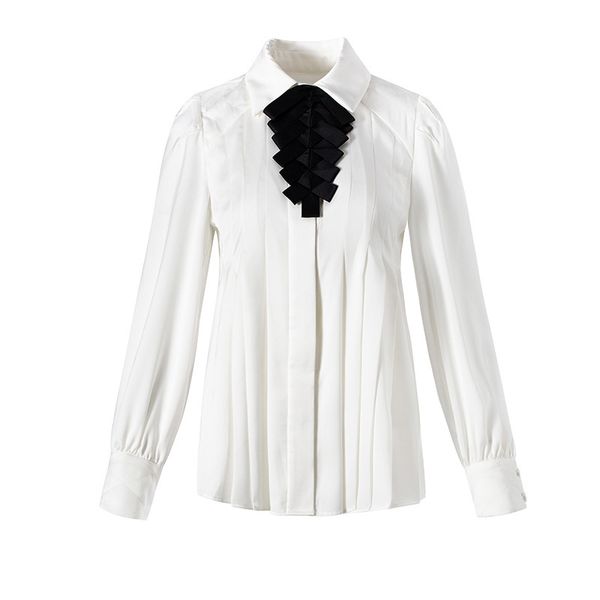 

pleating lapel long sleeve shirt female shirt bow tie can dismantling, White;black