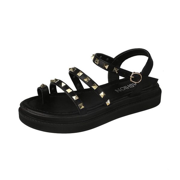 

summer multiple buckle rivets rivets peep toe ankle wrap women sandals open toe metal back strap flat heels lady shoes, Black