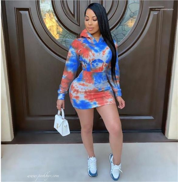 

mini dress new casual women autumn clothing tie dyed women desigenr dress fashion long sleeve hooded, Black;pink