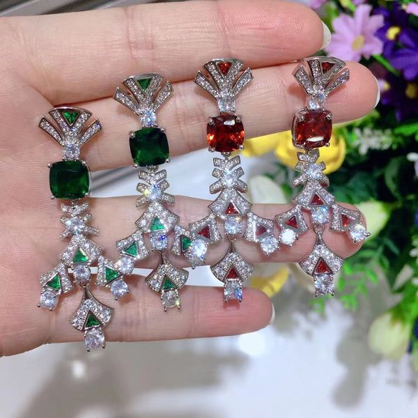 

2020 new 925 silver needle green/red stone geometric dangle earrings 18k white gold plated silver color women party jewelry, Golden