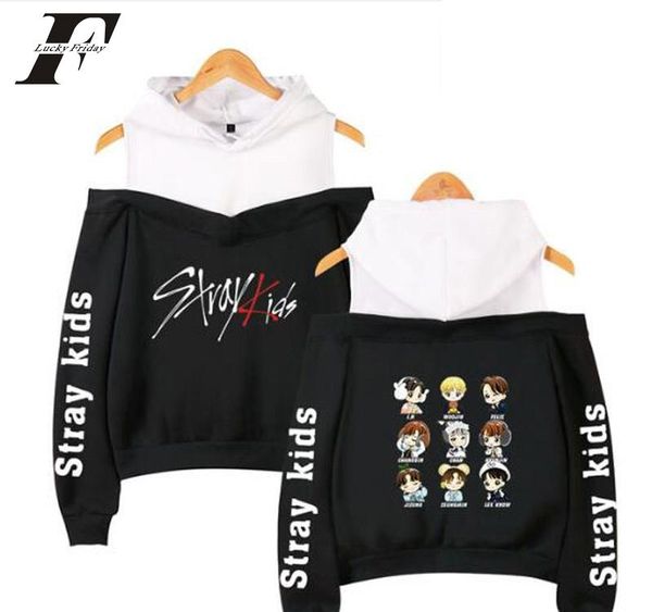 

harajuku korean style kpop straykids stray kids women hoodies sweatshirts long sleeve off shoulder hooded045, Black