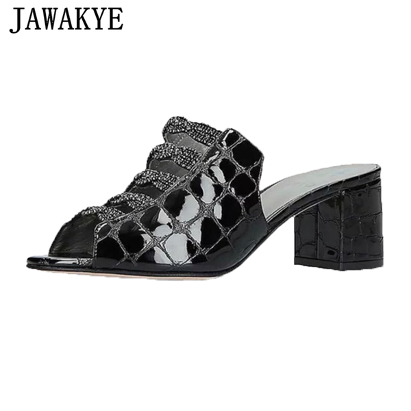 

new peep toe crystal block heels women rhinestone slides stone grain leather hollow out party dress slippers women sandals, Black