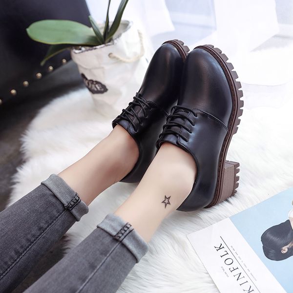 

2020 new british style student casual lace up thick heel medium heel round toe small shoes oxford single shoes woman, Black