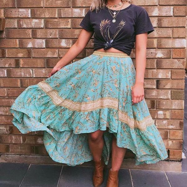 

vintage chic fashion women beach bohemian floral print irregular hem rayon skirt high waist maxi a line boho skirt femme, Black
