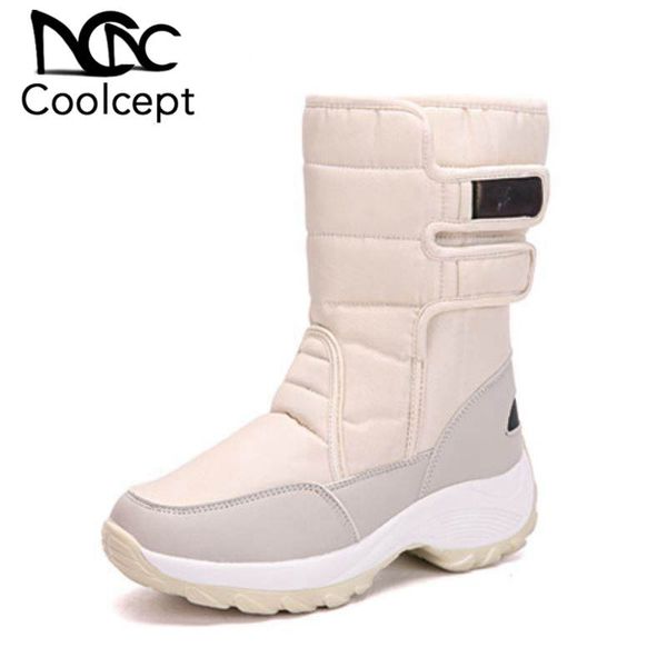 

coolcept women mid calf boots winter warm thicken fur cotton shoes women casual add plush down footwear flats boots size 35-42, Black