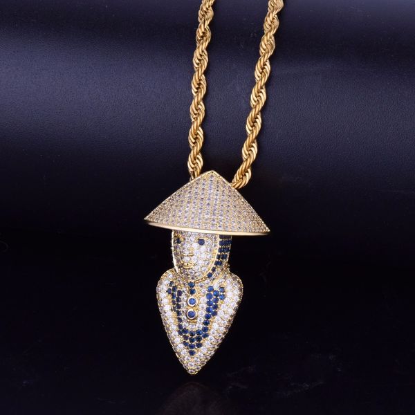 

hip hop wearing bamboo hat fishman pendant zircon copper necklace men jewelry with gold white gold plated tennis chain necklace jewelry