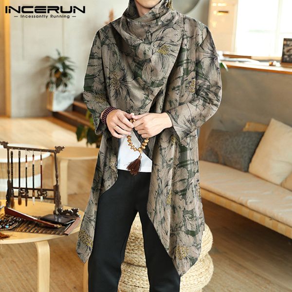 

incerun vintage irregular cloaks mens printed poncho trench long sleeve turtleneck outerwear mens manteaus streetwear plus size, Tan;black