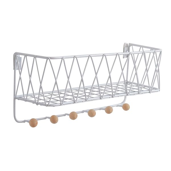 

wall mount space saving bedroom wood hook storage shelf organizer iron grid
