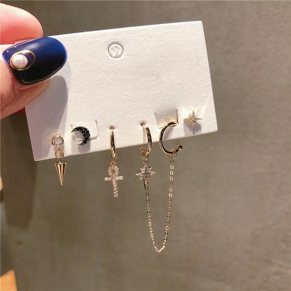 

stud fashion charm cross and star earrings sets cute moon set for women korean jewelry 2021, Golden;silver