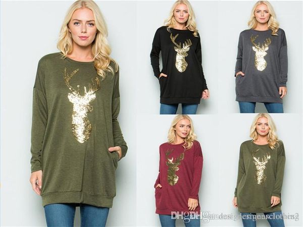 

длинные tshirts вышитые блестки с длинным рукавом o шеи женщин топы зимняя сыпучие женский тис рождество deer женщин, White