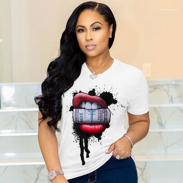 

solid color loose tees new women summer lips dollar women tshirt casual short sleeve o neck, White