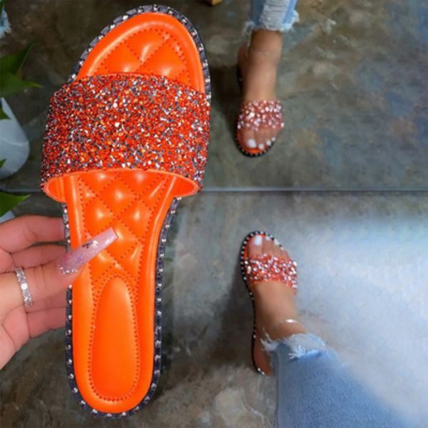 

2020 women's summer slippers flat sandals outdoor beach shoes rhinestones bling open toe fashion plus size 43, Black