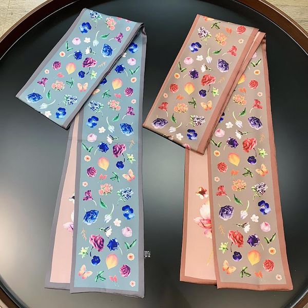 

160x13cm floral silk scarf for women 2020 new skinny scarf foulard fashion belt for ladies bag head scarves, Blue;gray