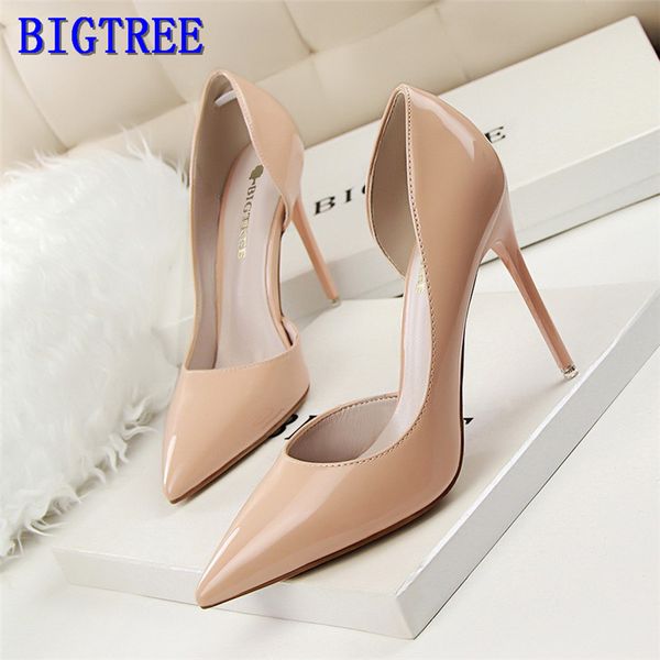 

bigtree 2020 concise solid patent leather shallow women pumps cut-outs pointed toe high heels 10cm shoes, Black