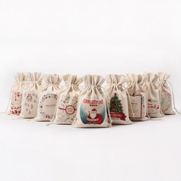 Vendita calda Sacchetto regalo di Natale Puro cotone fatto a mano in tela Sacchetti con coulisse Sacchetti regalo avvolti in caramelle LX2997