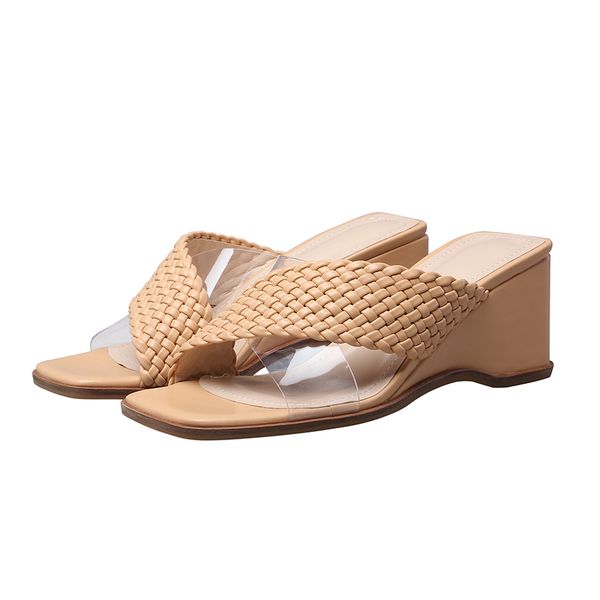 

lucyever leather weaving wedge sandals for women summer 2020 transparent pvc high heels slippers woman beach slides, Black