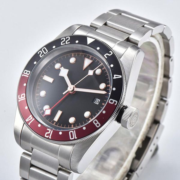 

41mm men's watch gmt red black aluminum bezel stainless steel automatic mechanical watch, Slivery;brown