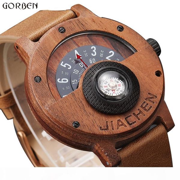 

fashion compass turntable number design men wooden watch men brown wood leather band creative natural wood wrist watches relogio, Slivery;brown