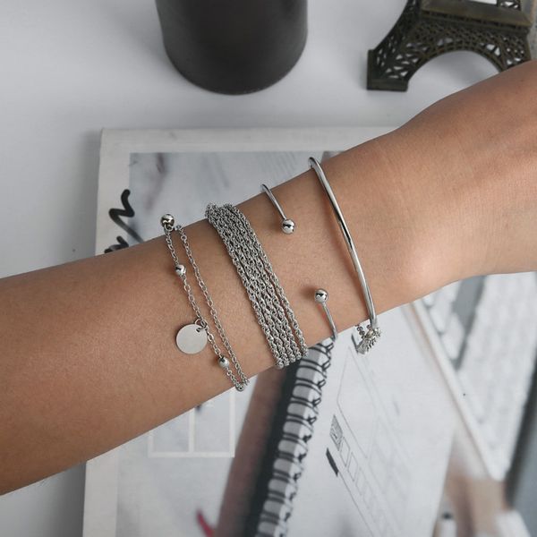 

4 pcs/set bohemian silver color tassel round bracelet set for women multilayer pendant bracelet fashion jewelry, Golden;silver