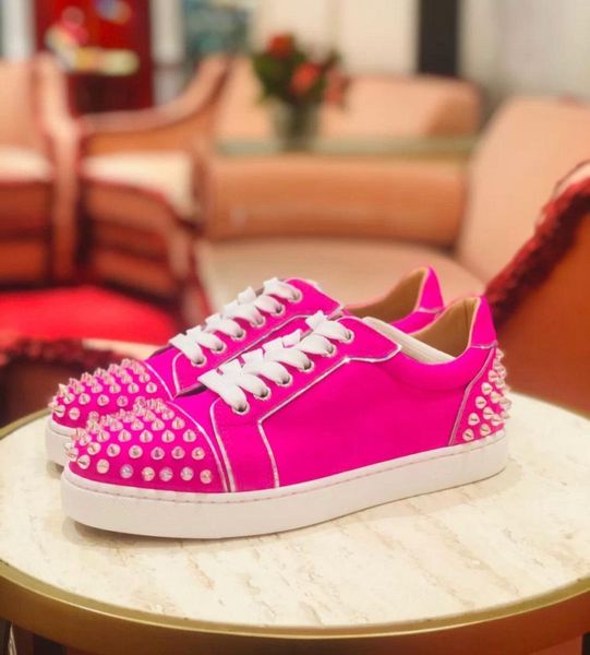 

20s popular seavaste 2 orlato spikes casual flat pink suede leather studded low red bottom sneakers red sole sports couple party,wedding, Black