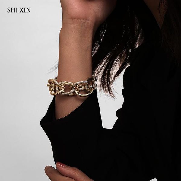 

shixin punk chunky cuban link chain bracelets for women hip hop gold charm bracelet femme statement hand chain fashion jewelry, Black