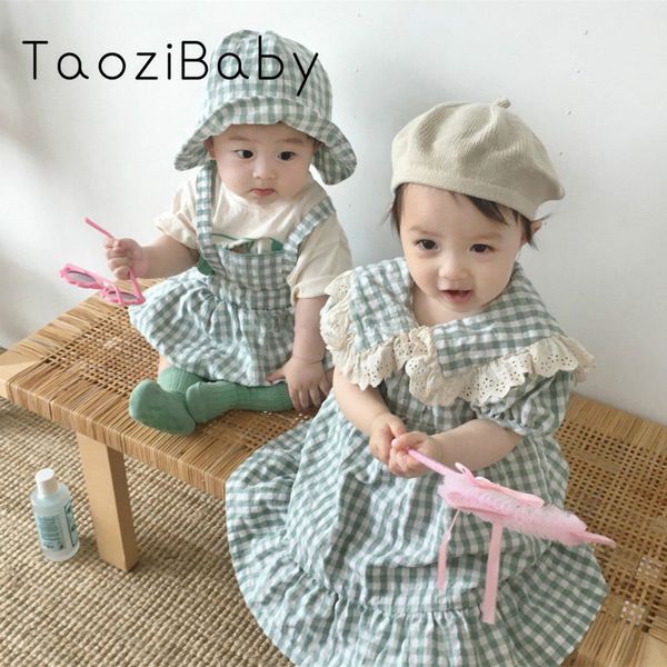 

korean children's clothes summer boys and girls' plaid thin cotton bodysuit dress brother and sister clothes fisherman hat, Red;yellow
