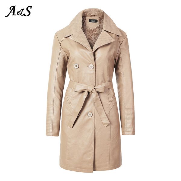 

anbenser cool artificial leather long jacket new winter women loose belt faux leather windbreaker trench coat slim autumn jacket, Black