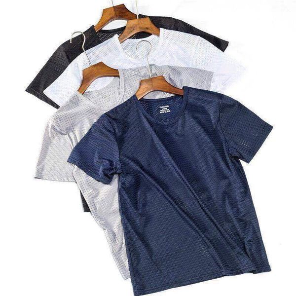 

summer ice silk mesh short-sleeved male t thin section hollow breathable quick-drying t-shirt stretch o neck cotton sports top