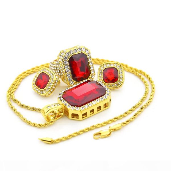 

hip hop men jewelry set gold color iced out rhinestone square crystal rings with stud earring pendant necklace 3pcs set, Silver