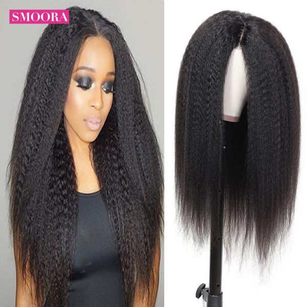 

lace wigs kinky straight wig middle part front human hair pre plucked with baby brazilian remy yaki 13*1 deep, Black;brown