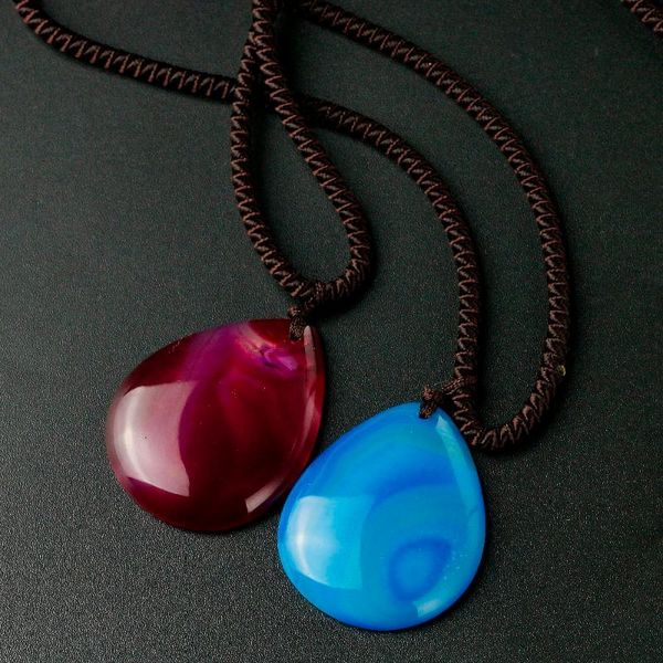 

natural rose onyx drop pendent blue onyx stone charm necklace women lover's statement jewelry adiustable rope, Silver