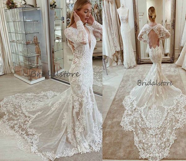 

vintage lace mermaid wedding dresses with lace sleeve open back bohemain country style wedding dress 2020 modest boho robes de mariée, White