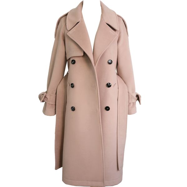 

women's wool & blends winter fashion double breasted coat women slim lapel long woolen, Black