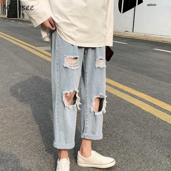 

men jeans ankle-length fur-lined casual holes big size 3xl summer harajuku mens denim wide leg trousers streetwear chiculzzang, Blue