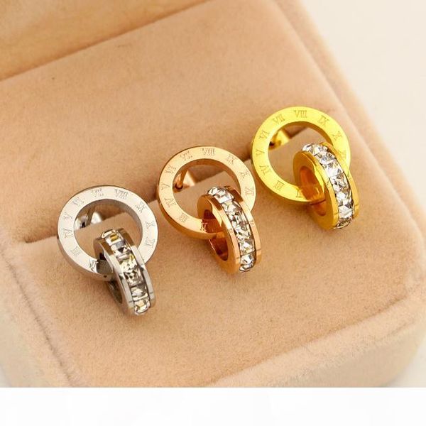 

elegant charm stainless steel silver rose gold roman numeral with diamond doubler ring connect stud earrings for women girls gift, Golden;silver
