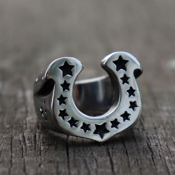 

lucky pentagram u shape horseshoe biker rings mens punk rock 316l stainless steel ring amulet jewelry, Silver