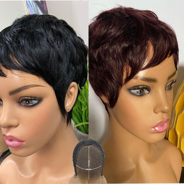 

lace wigs atina pixie cut wig human hair burgundy 99j colored short bob straight 4x4 closure glueless bleached knots, Black;brown