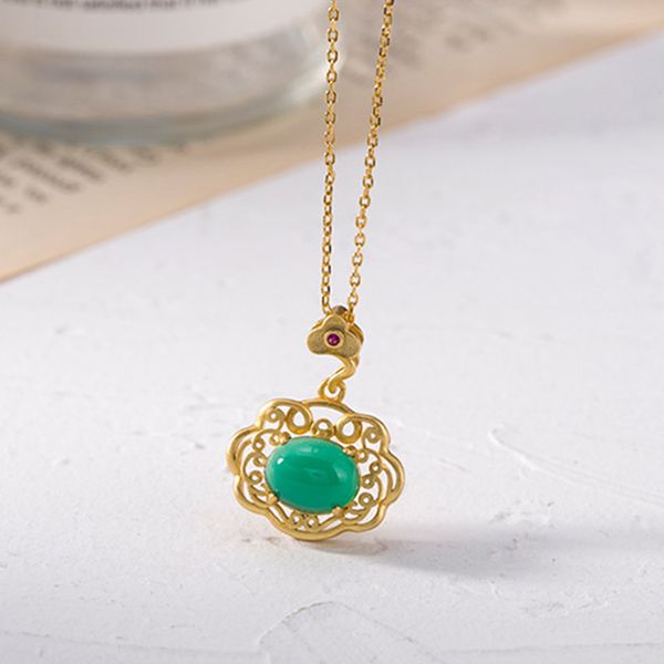 

s925 vintage necklace with green stone ethnic elements lucky clavicle chain female green semi-precious stone fashion necklace, Silver