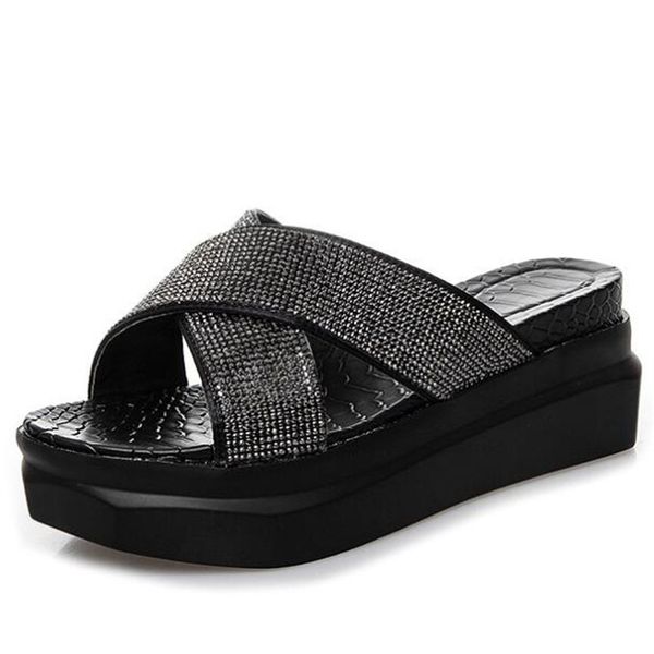

2020 new summer women sandals fashion rhinestone elegant silppers thick bottom platform shoes comfortable casual wedge sandals, Black