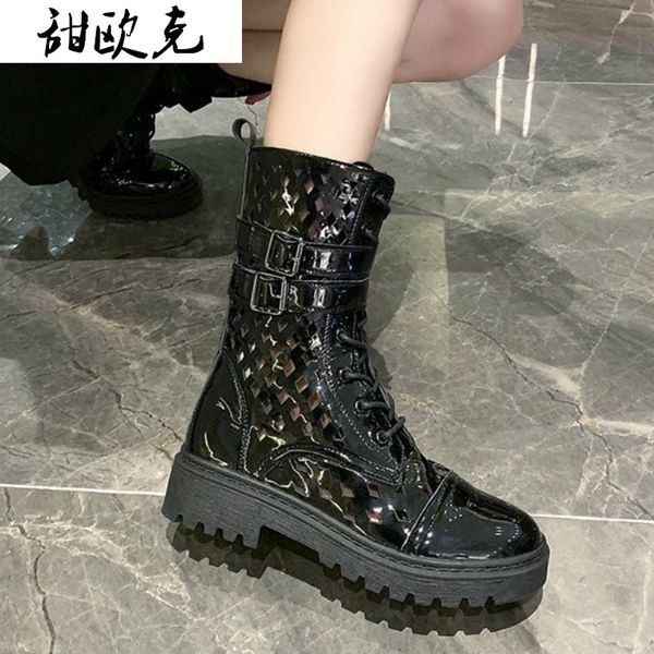 

2020 new autumn women's boots women's fashion lacing side pull square-heel thick bottom pu shoes casual boots zapatos de mujer, Black