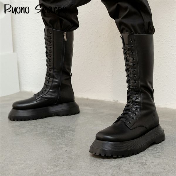 

brand designer women med boots genuine leather cross tied platform boots thick bottom fashion botas mujer leather zipper booties, Black