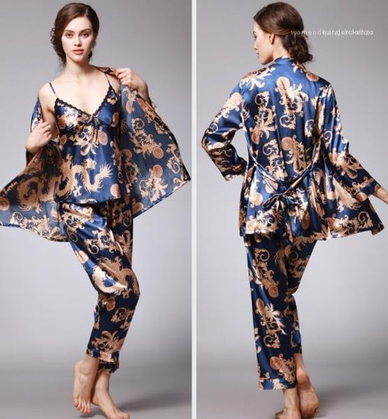 

sets spring summer print nightcoats loose breathable 3pcs sleepwear female clothing fashion long sleeve womens designer pajama, Black;red