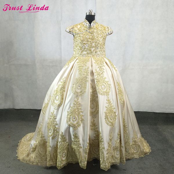 

girl's dresses royal flower girl dress for wedding satin gold lace appliques beaded ball gown party communion pageant gowns, Red;yellow