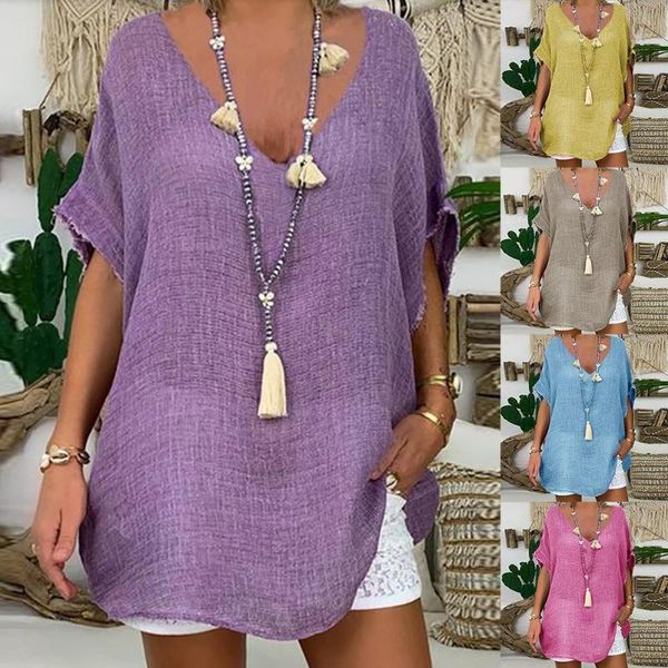 

fashion women v neck short sleeves solid color casual midi shirt blouse, White