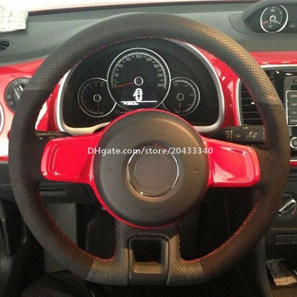 

black leather black suede car steering wheel cover for volkswagen beetle 2012-16