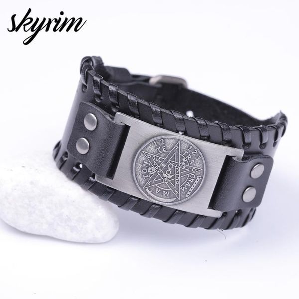 

skyrim solomon pentagram pagan wide leather cuff bracelets religions symbol nordic runes amulet viking bracelet for man, Black