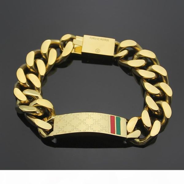 

2020 retro fashion red and green enamel check square block bracelet men's stainless steel 19cm women's bracelet, Black