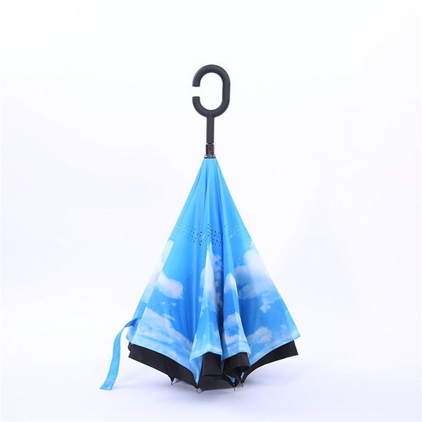 

wholesale-windproof reverse folding double layer inverted chuva umbrella self stand inside out rain protection c-hook handshigh