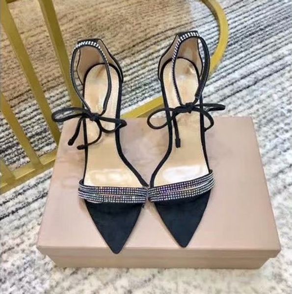 

leather squeezed rhine-diamond-bow high heel heels pumps women sandals 2020 summer, Black