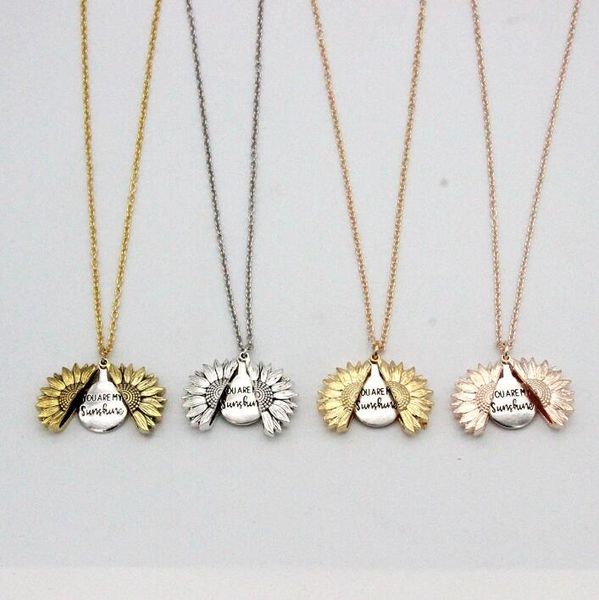 

sunflower necklace valentine gift gold locket can open pendant necklace you are my sunshine engraved clavicle chain for woman gift gd533, Silver
